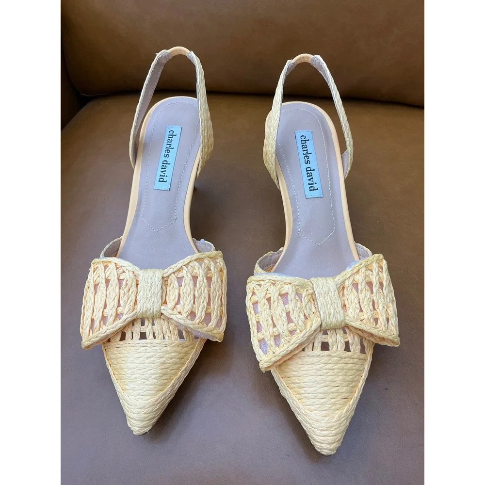 Charles David Agora Heels Womens 7M Yellow Woven Raffia Slingback Bow